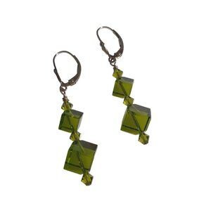 Green Crystal Glass Drop Earrings Leverback Handmade Geometric Beaded Jewelry